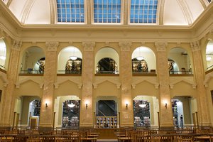 Interior of Carnegie Library looking toward vaulted ceiling